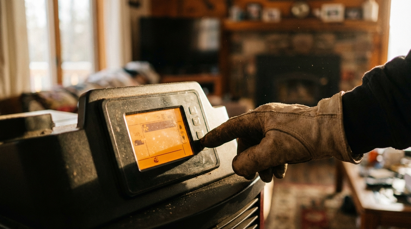 Technicien professionnel réglant les paramètres sur l'interface d'un poêle Edilkamin