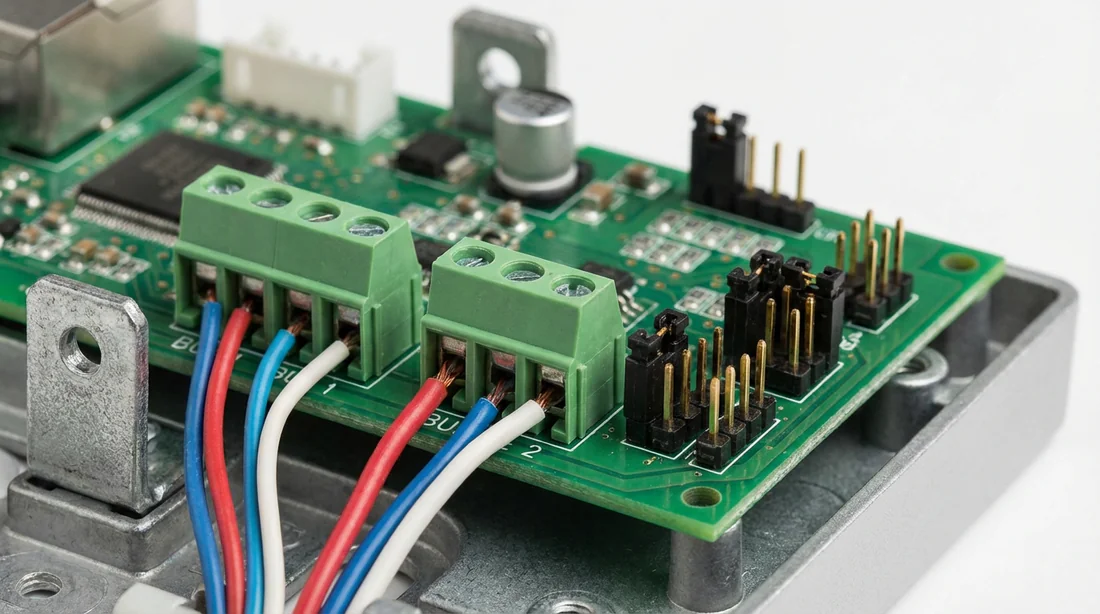 Détail de la face arrière du visiophone Bticino montrant les bornes BUS et cavaliers.