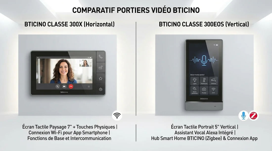 Différence visuelle entre le Bticino Classe 300X paysage et le Classe 300EOS portrait.