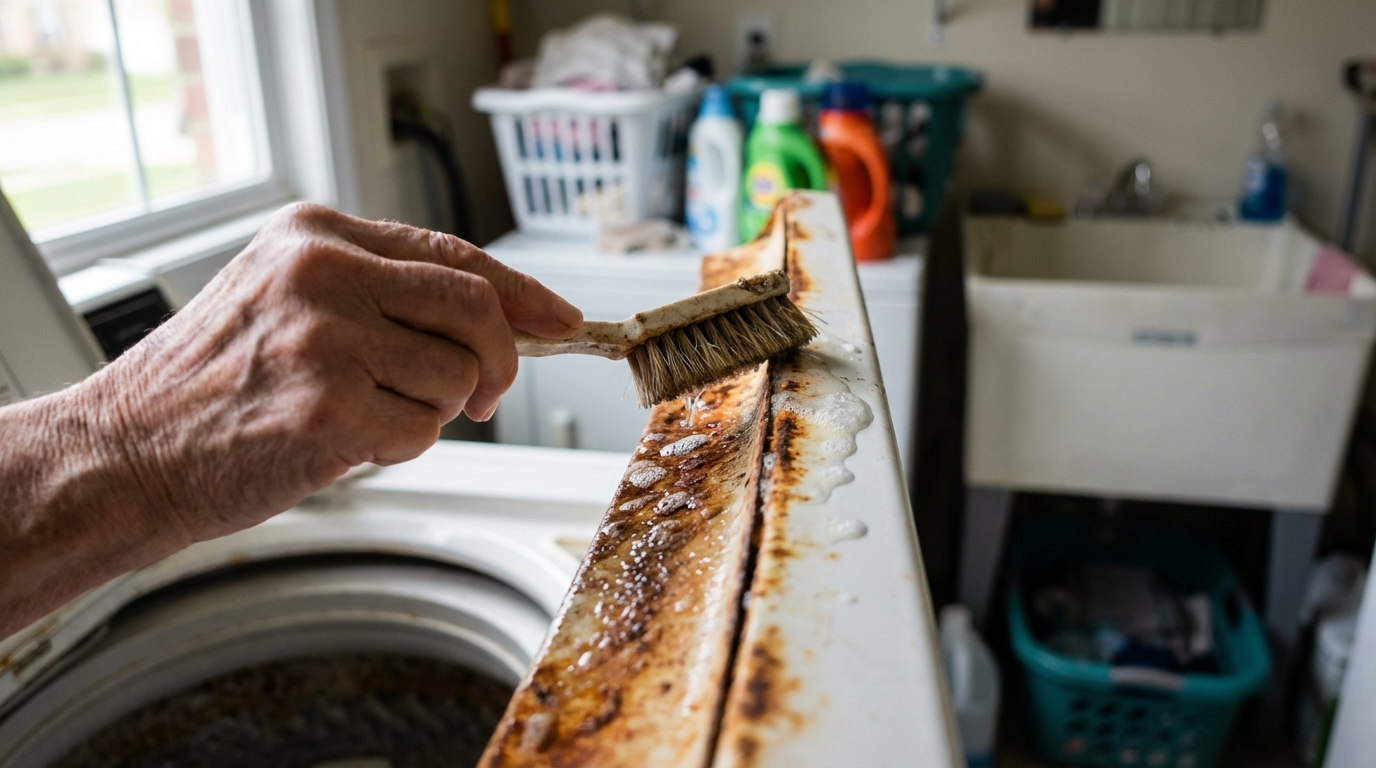 Détail d'une main appliquant un produit de nettoyage sur la rouille d'un couvercle de lave-linge avec un pinceau.