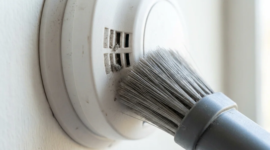 Nettoyage d'un détecteur de fumée avec un embout d'aspirateur à brosse souple.