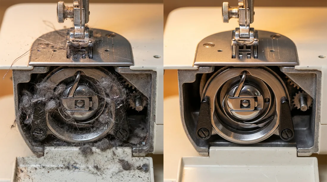 Comparaison du mécanisme de navette de machine à coudre sale versus propre