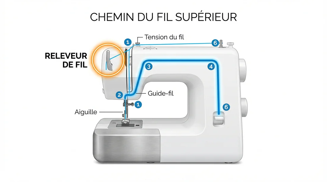 Schéma du trajet du fil supérieur numéroté sur une machine Silvercrest