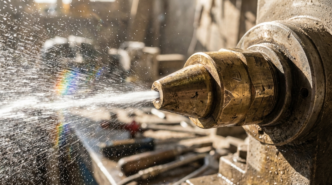 Détail macro d'un jet haute pression montrant la précision technique de l'équipement.