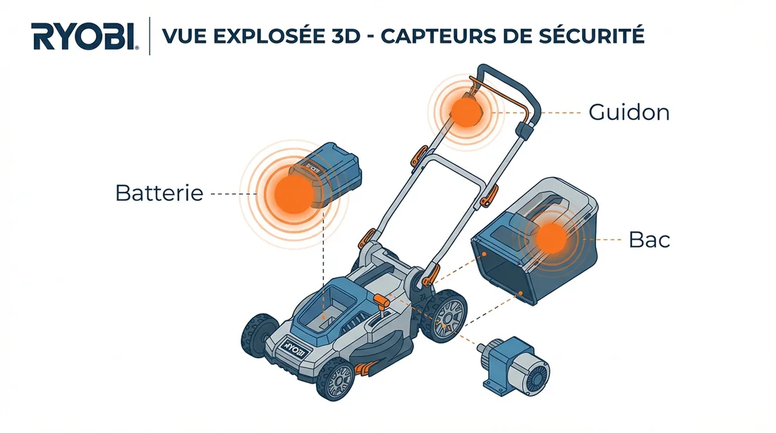 Infographie récapitulative des points de sécurité d'une tondeuse Ryobi.