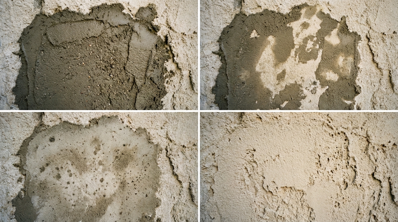 Détail du processus de séchage montrant la différence de teinte entre l'enduit humide et sec.