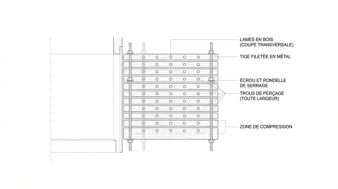 Plan de coupe technique d'un assemblage par tiges filetées invisibles