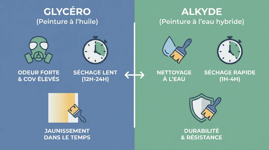 Infographie comparative entre les propriétés de la peinture glycéro et la peinture alkyde.