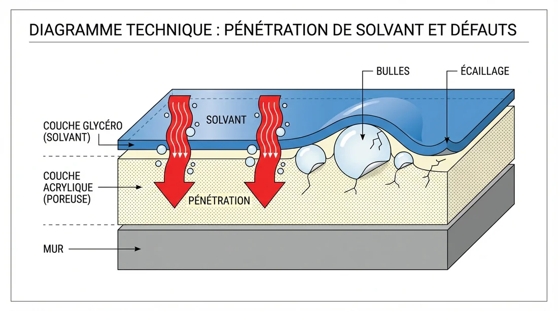 Schéma technique de la réaction de détrempe entre peinture glycéro et acrylique.