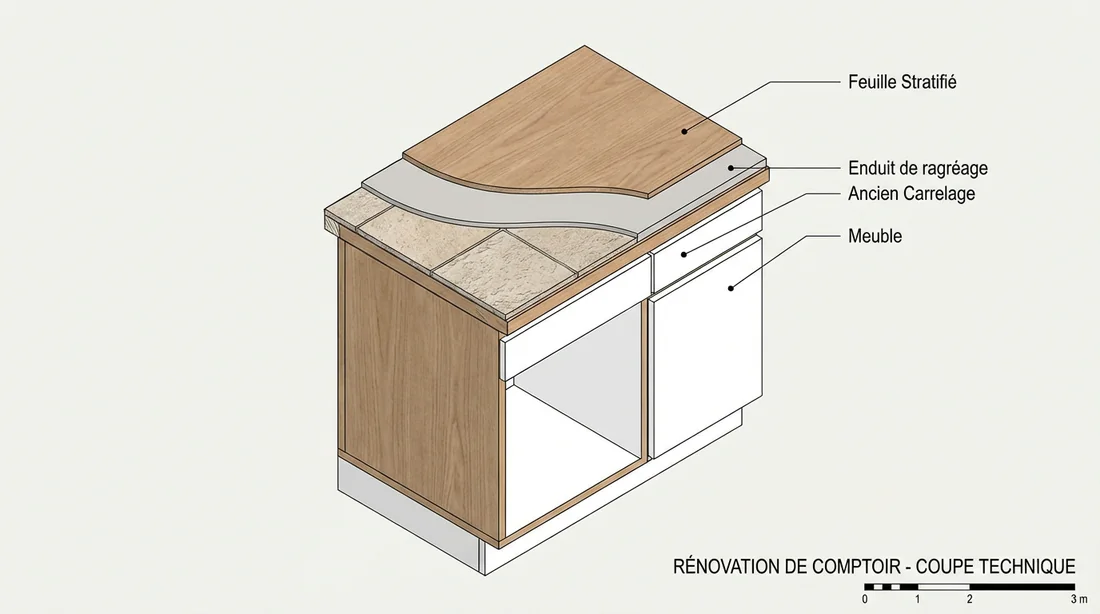 Schéma technique en coupe montrant les couches de superposition du stratifié sur l'ancien carrelage.