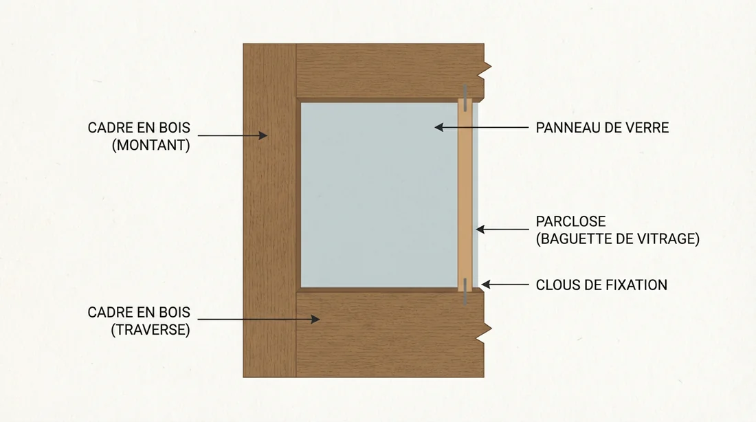 Schéma technique de la structure d'une porte vitrée ancienne
