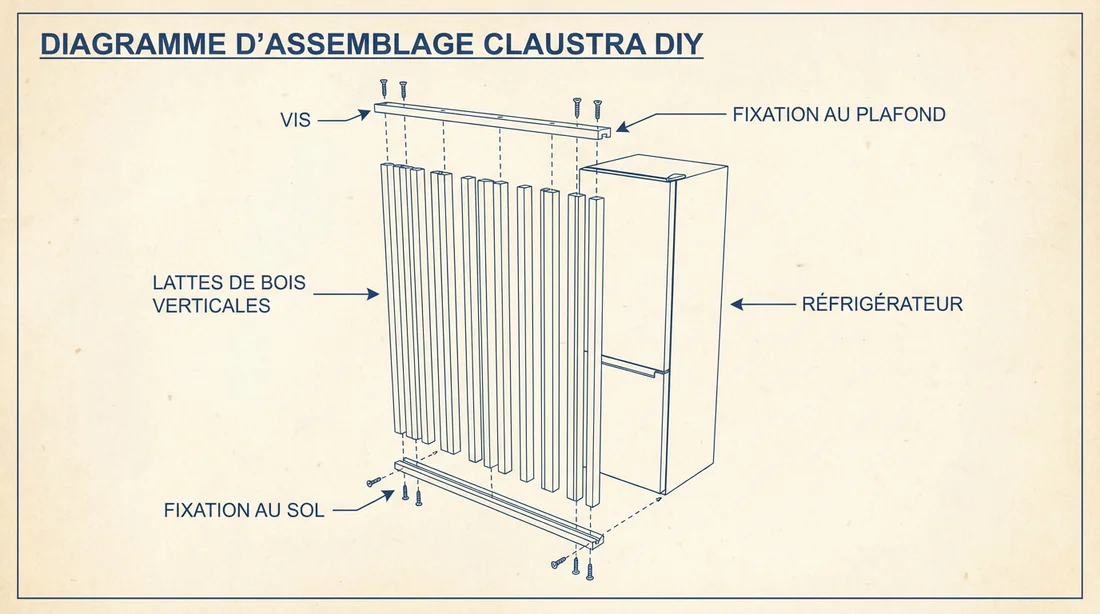 Plan de construction d'un claustra en tasseaux pour intégrer un frigo en pose libre.