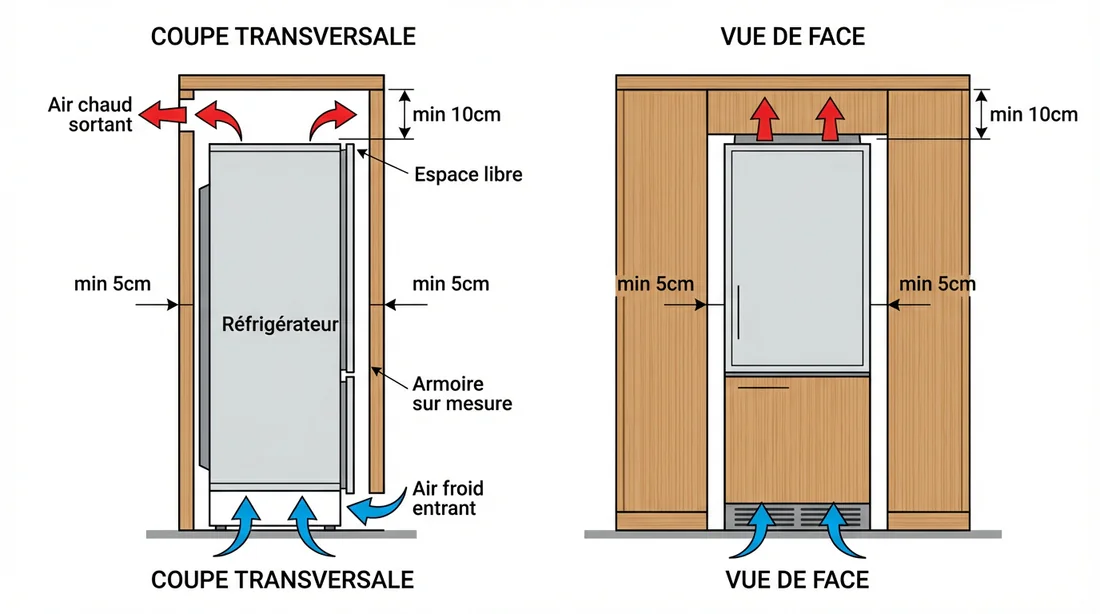 Schéma technique des distances de sécurité et de ventilation pour un coffrage de frigo.