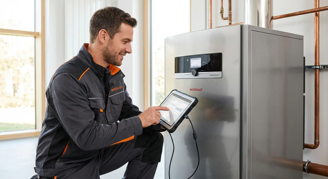 Technicien effectuant le réglage d'une chaudière Weishaupt.