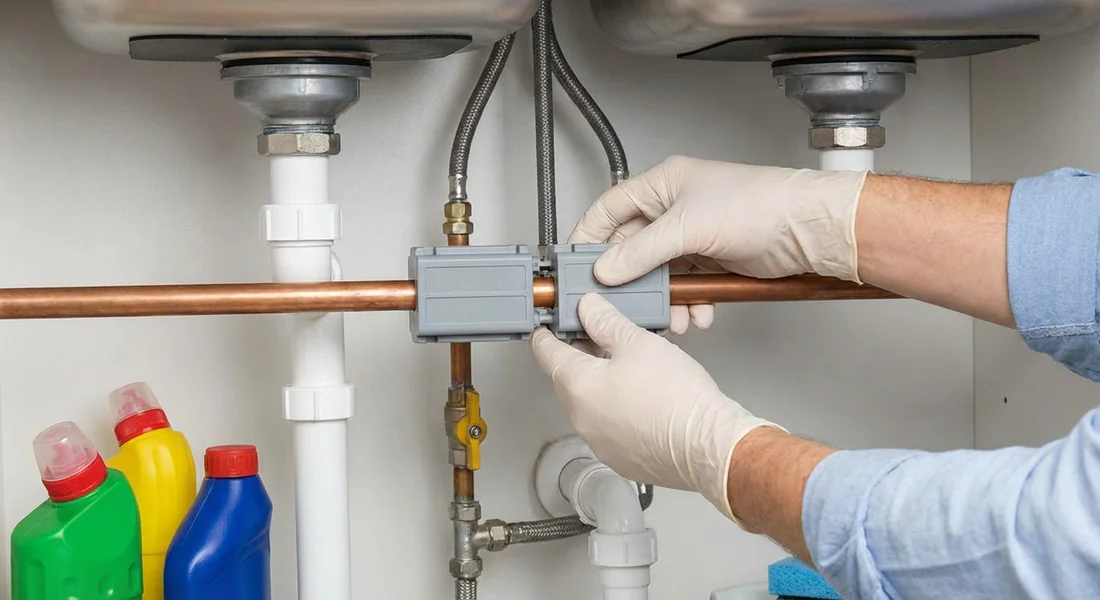 Installation manuelle simplifiée d'un aimant anti-calcaire sur une canalisation domestique.