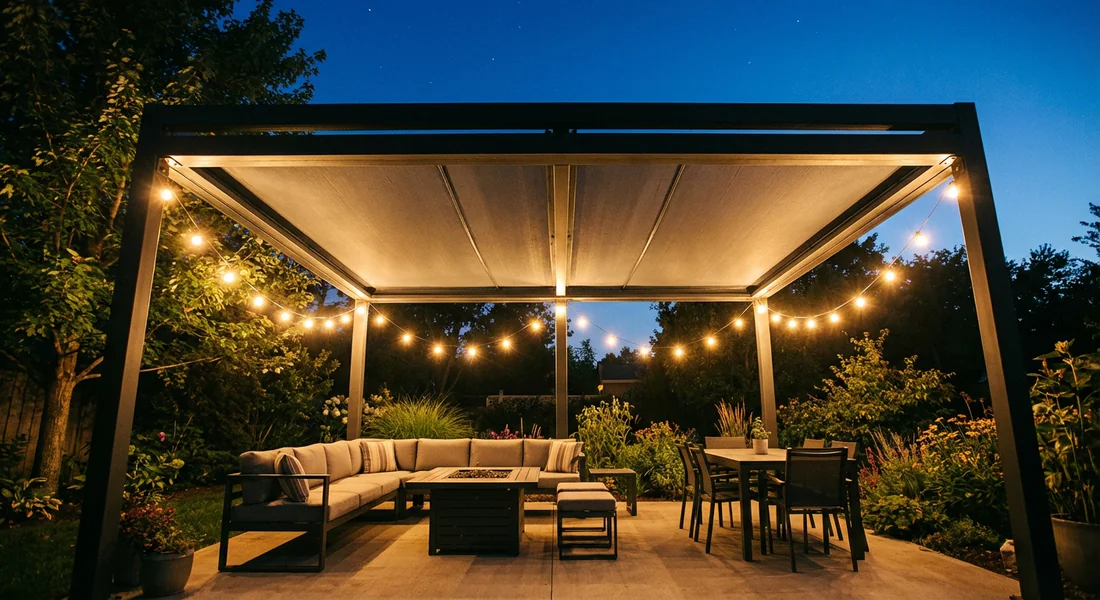 Pergola industrielle finie avec toile d'ombrage et guirlandes lumineuses