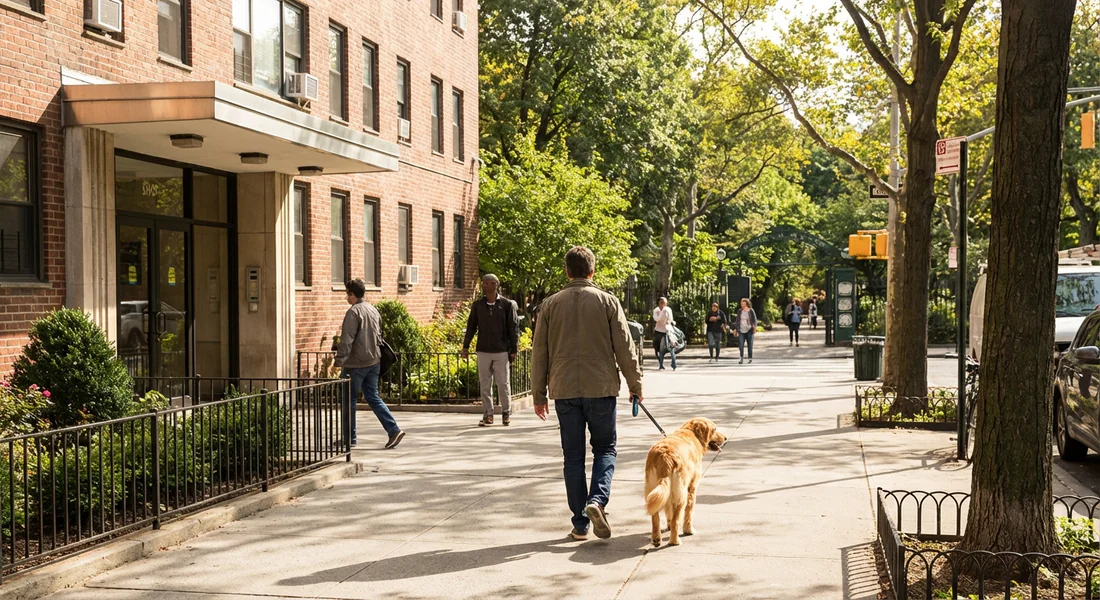 Propriétaire de chien responsable marchant à l'extérieur de son immeuble.