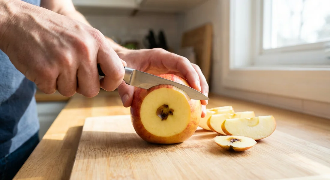 Action de découper une marge de sécurité autour d'une tache sur une pomme.