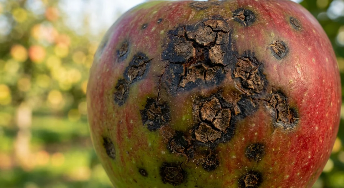 Gros plan détaillé de la tavelure sur la peau d'une pomme montrant des taches sèches.