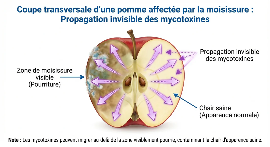 Infographie expliquant la pénétration des mycotoxines dans la chair d'une pomme à partir d'une tache de moisissure.