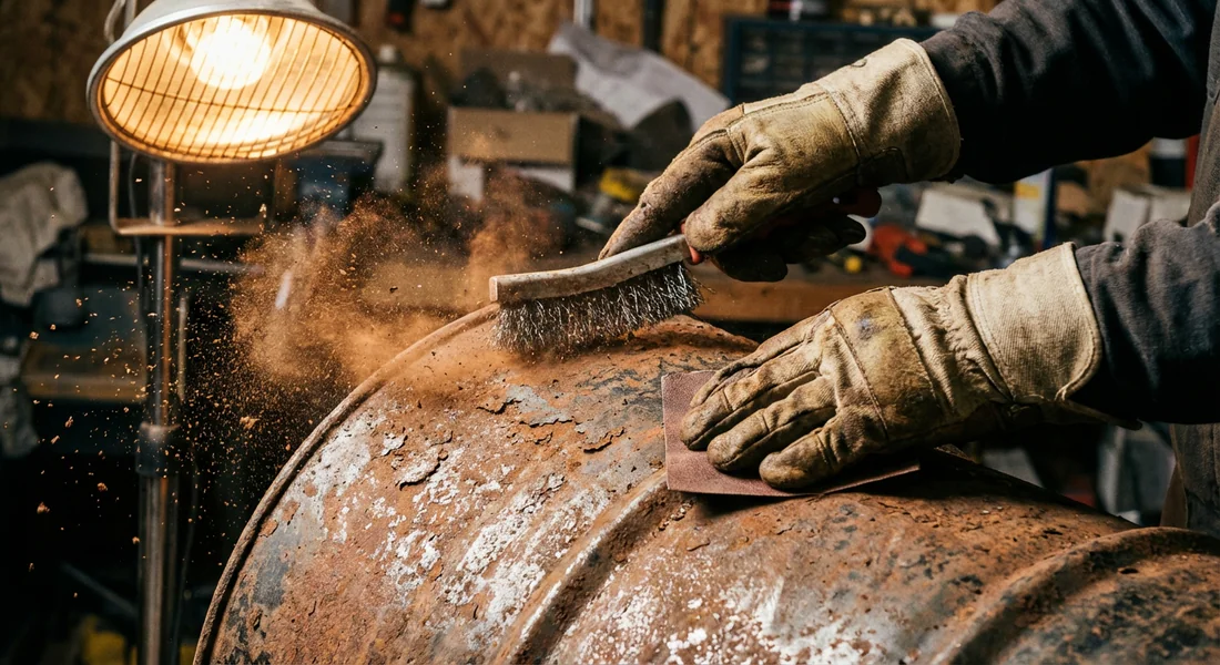 Étapes de ponçage et de retrait de la rouille sur un bidon en métal.
