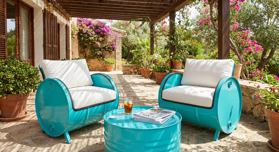 Salon de jardin design fabriqué à partir de barils métalliques recyclés.