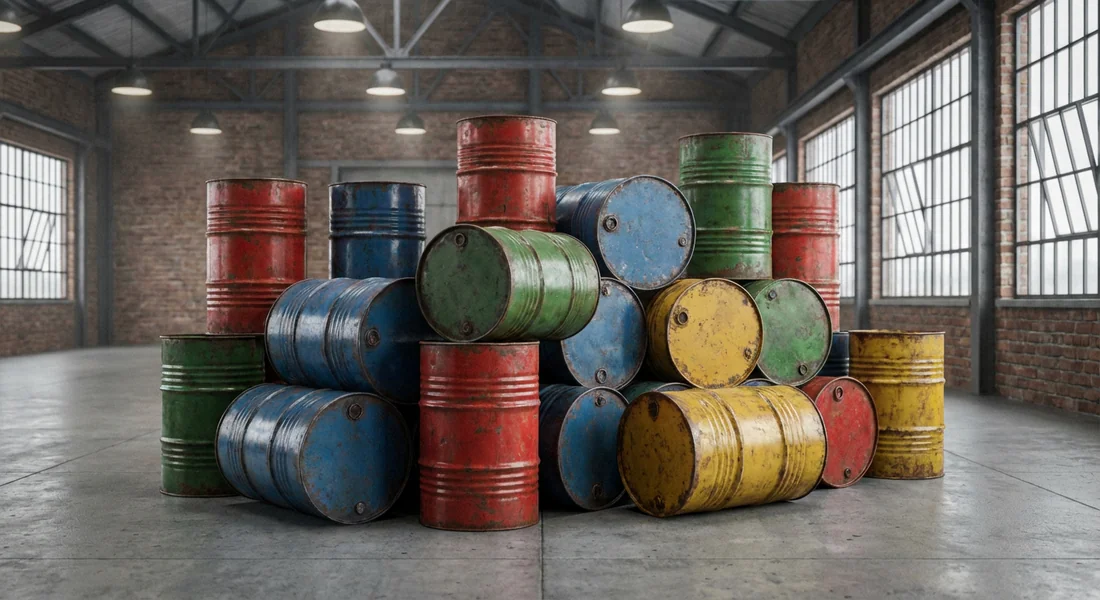 Stock de bidons métalliques industriels prêts pour le recyclage.